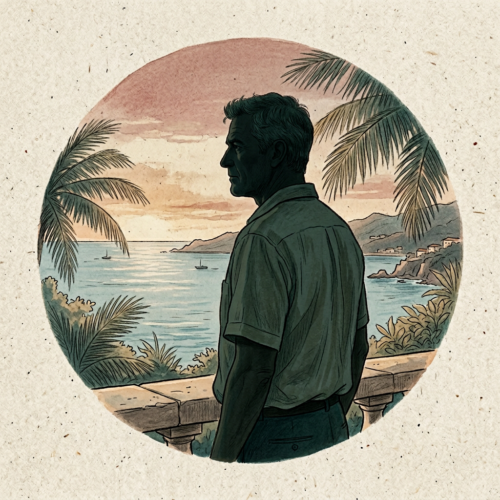 Illustrated portrait of a detective looking out over the Caribbean